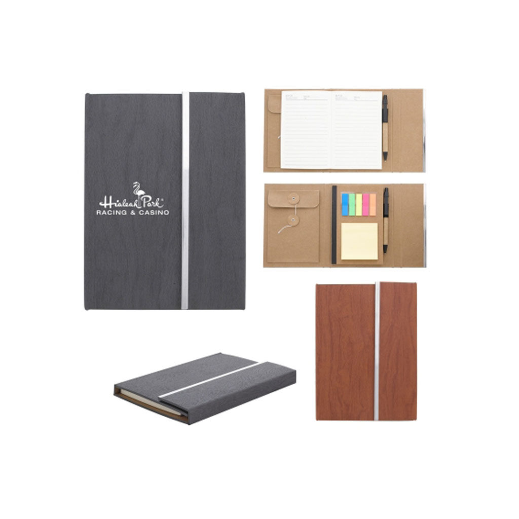 Custom Branded Woodgrain Padfolio with Sticky Notes and Flags