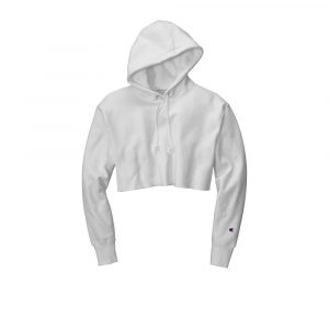 Branded Champion Women’s Reverse Weave Cropped Cut-Off Hooded Sweatshirt White