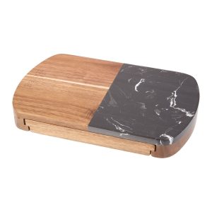 Branded Black Marble Cheese Board Set with Knives Natural