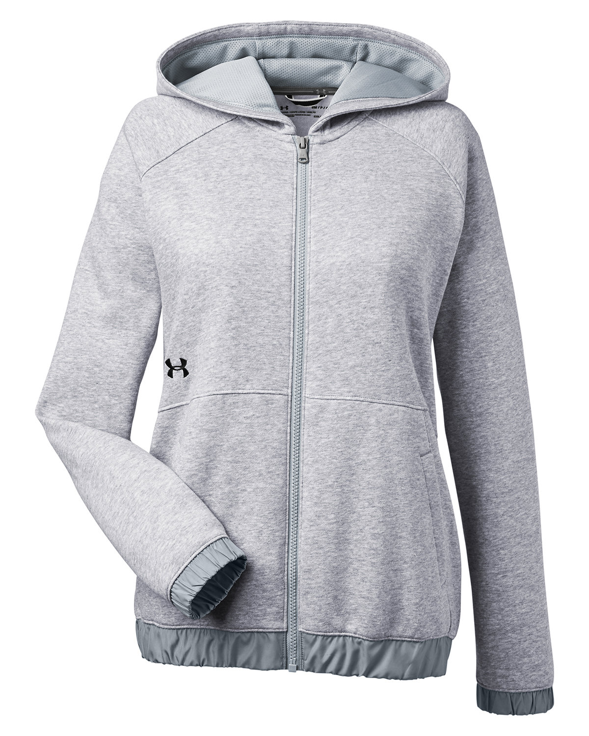 Branded Under Armour Ladies’ Hustle Full-Zip Hooded Sweatshirt True Grey Heather/Black