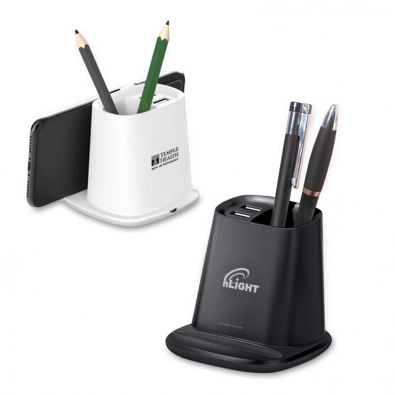 Custom Branded All-Purpose Wireless Charger Pen Holder with Dual USB Output Ports - Black
