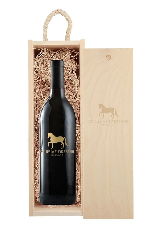Custom Branded Rustic Laser Engraved Wood Box with Custom Etched Wine with 1 Color Fill - Pinot Noir