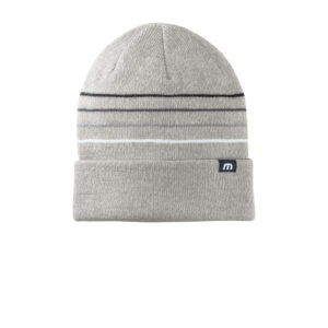 Branded TravisMathew Striped Cuffed Beanie Light Grey Heather